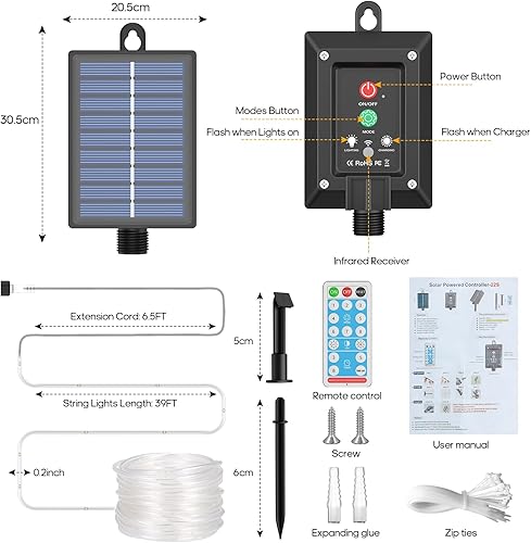 Miniatura 7 de ICRGB Guirnalda de luces solares de 39 pies, 120 luces LED para exteriores, IP67, impermeable, 8 modos, regulables y temporizador, luces solares de