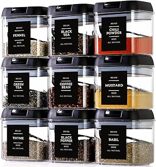 Spice Containers with Labels, 9 Pcs 16 Fl Oz Large Plastic Tea Storage Containers with 148 Spice Labels and 9 Spoons, Square Airtight Seasoning Containers Set with black Lids for Kitchen Pantry Coffee