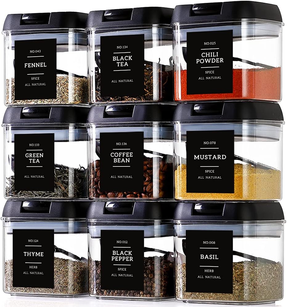 Spice Containers Set: 9 Pcs Large Square Plastic Tea Storage Containers with 148 Spice Labels and 9 Spoons, Airtight, BPA Free, 16 oz