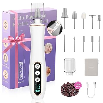 Professional Manicure Pedicure Kit, Cordless Electric Nail File Set, 360 LED Light Nail Drill Machine with LCD Display, 10 Speeds Rechargeable Nail Drill Grinder for Gel Nail Thick Toe Nails