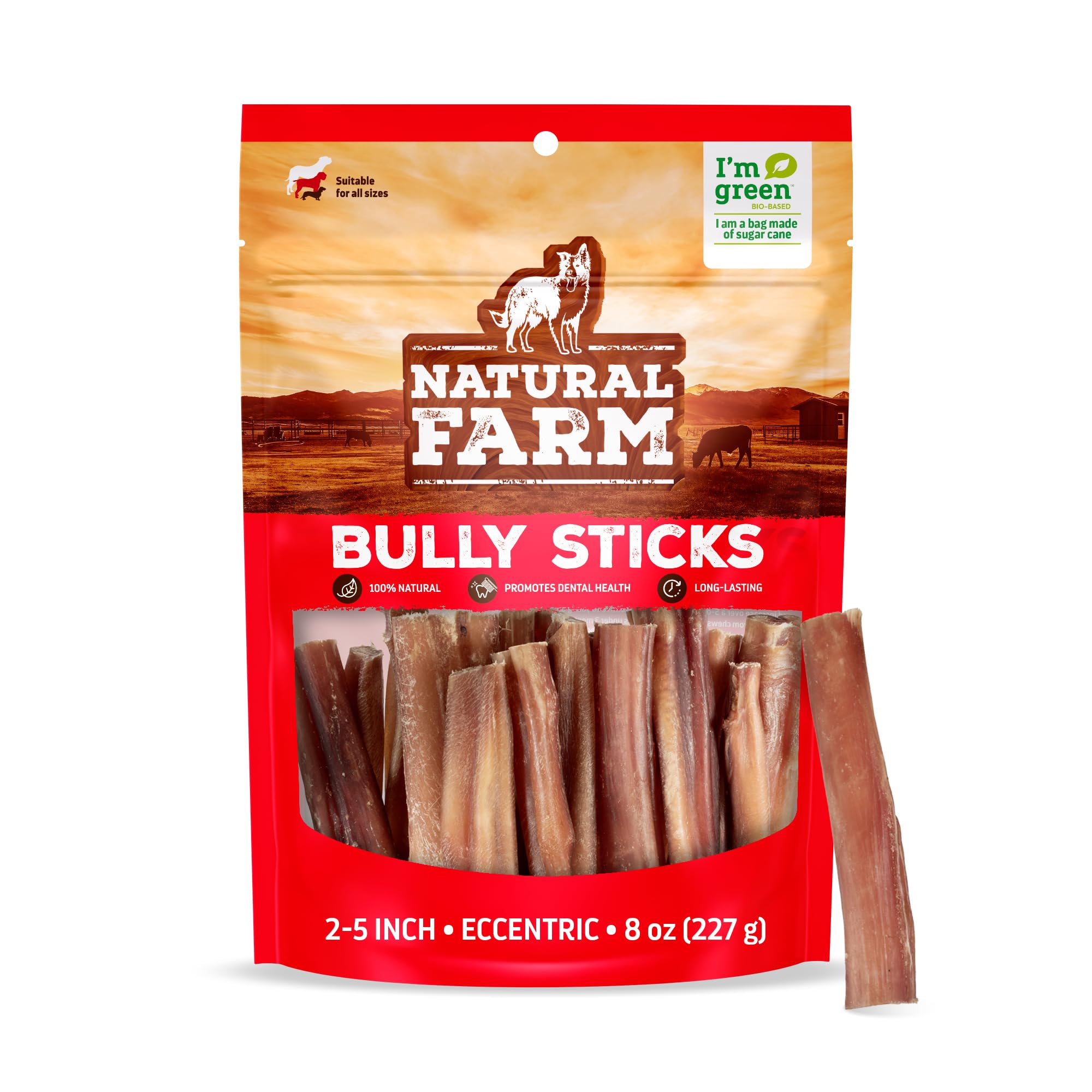 Natural Farm Odor Free Eccentric Bully Sticks (2-5 Inch, 8 Ounces Bag) for Small & Medium Dogs - 100% Beef Chews for Pups, Non-GMO, Grain-Free, Fully