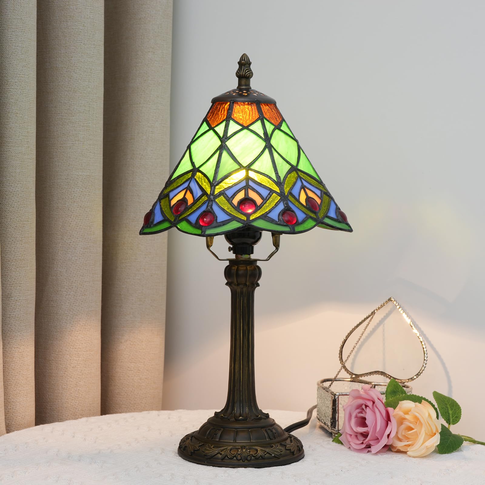 Lámpara de mesa estilo Tiffany con diseño de pavo real y fénix, lámpara de mesa vintage con vitral verde, lámpara de lectura nocturna con base de aleación para decoración de escritorio de comedor
