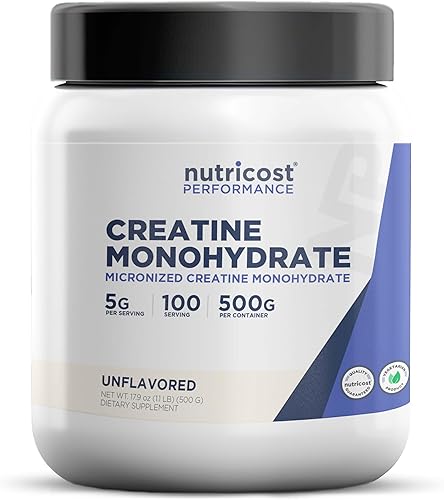 Nutricost Monohidrato de creatina en polvo micronizado 500G, 5000mg por servicio (0.18 oz) - Monohidrato de creatina micronizada, 100 porciones,