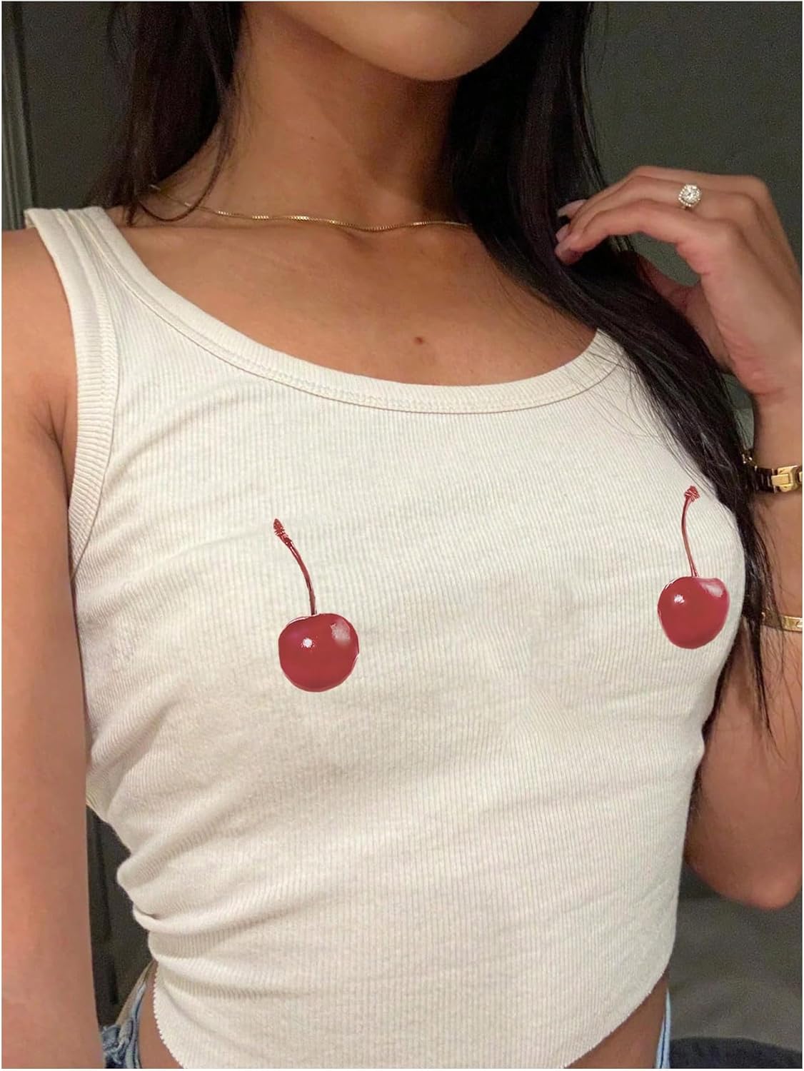 Women's Cherry Print Cropped Tank Top Scoop Neck Sleeveless Slim Fit Summer Tops - Image 2