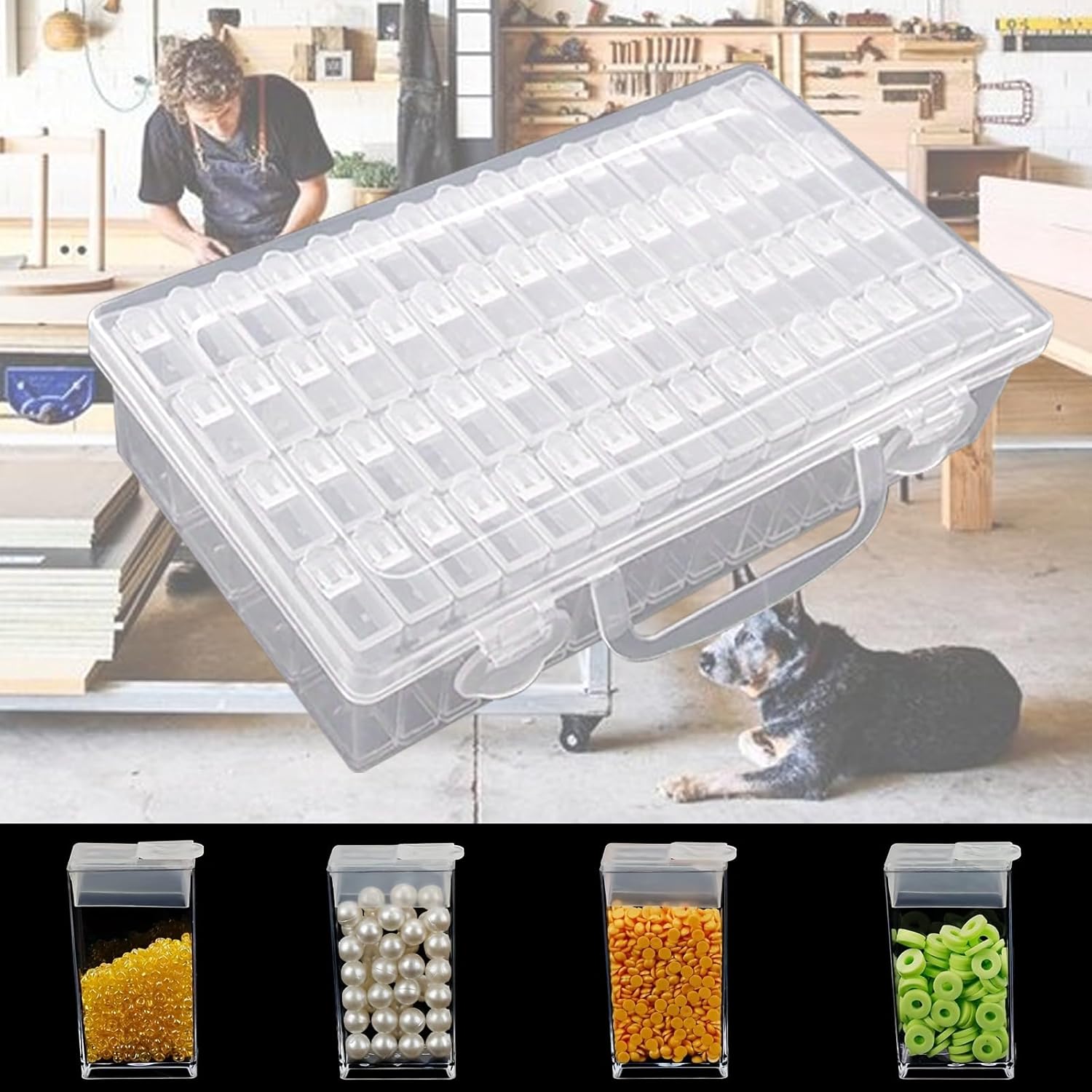 64 Slots Diamond Art Storage Box Transparent Beads Container with Label Stickers Plastic DIY Diamond Painting Storage Box for Diamond Embroidery DIY Craft