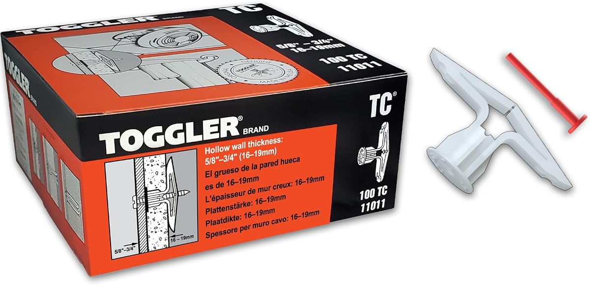 Anclaje para paneles de yeso Toggle TC, paquete de 100, 5/8" a 3/4" sin tornillo | Anclajes de polipropileno para paneles de yeso para paredes de 5/8 a 3/4 de espesor. Tornillos no incluidos