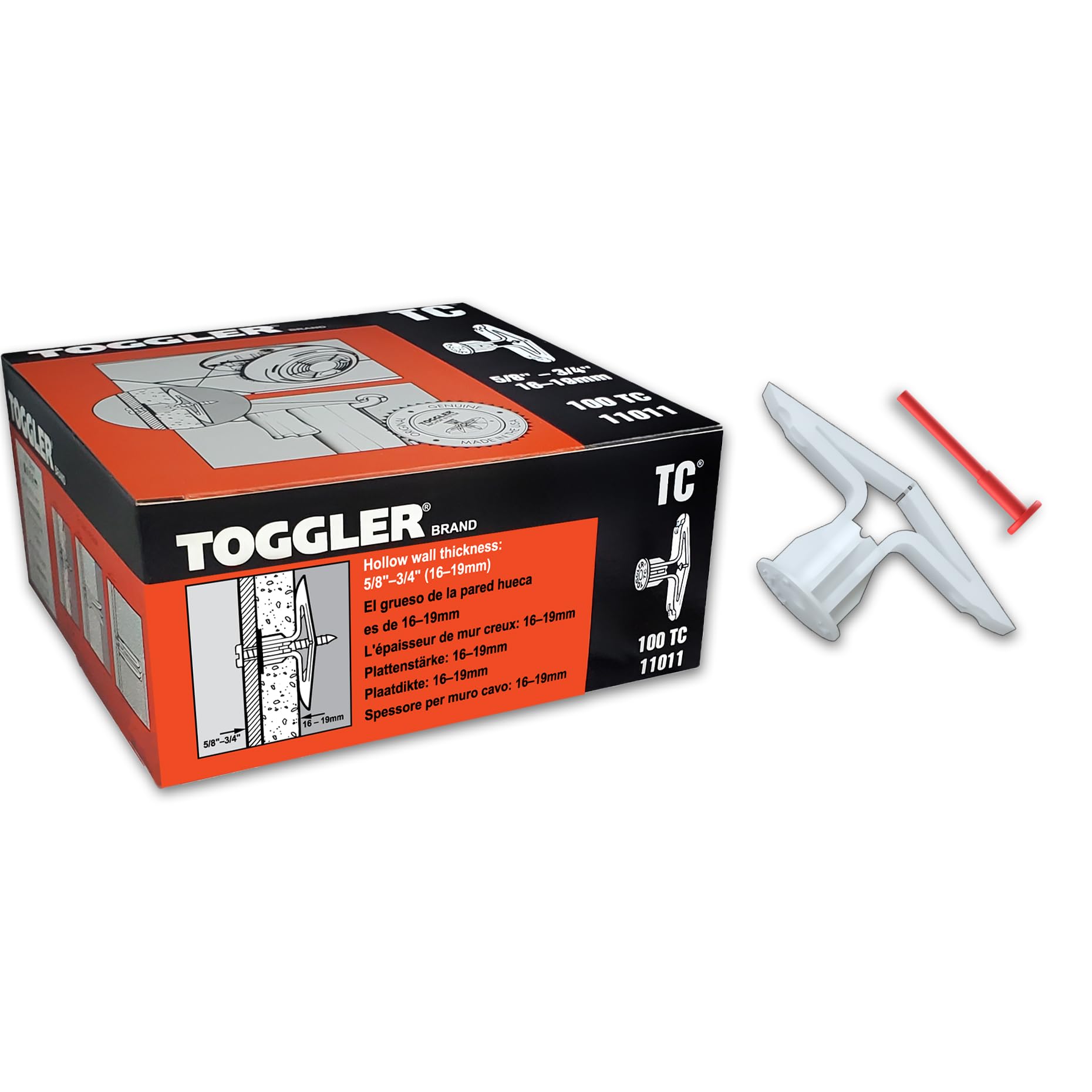 Toggle TC Commercial Drywall Anchor, Polypropylene, Made in US, 5/8" to 3/4" Grip Range, For #6 to #14 Fastener Sizes (Pack of 100)