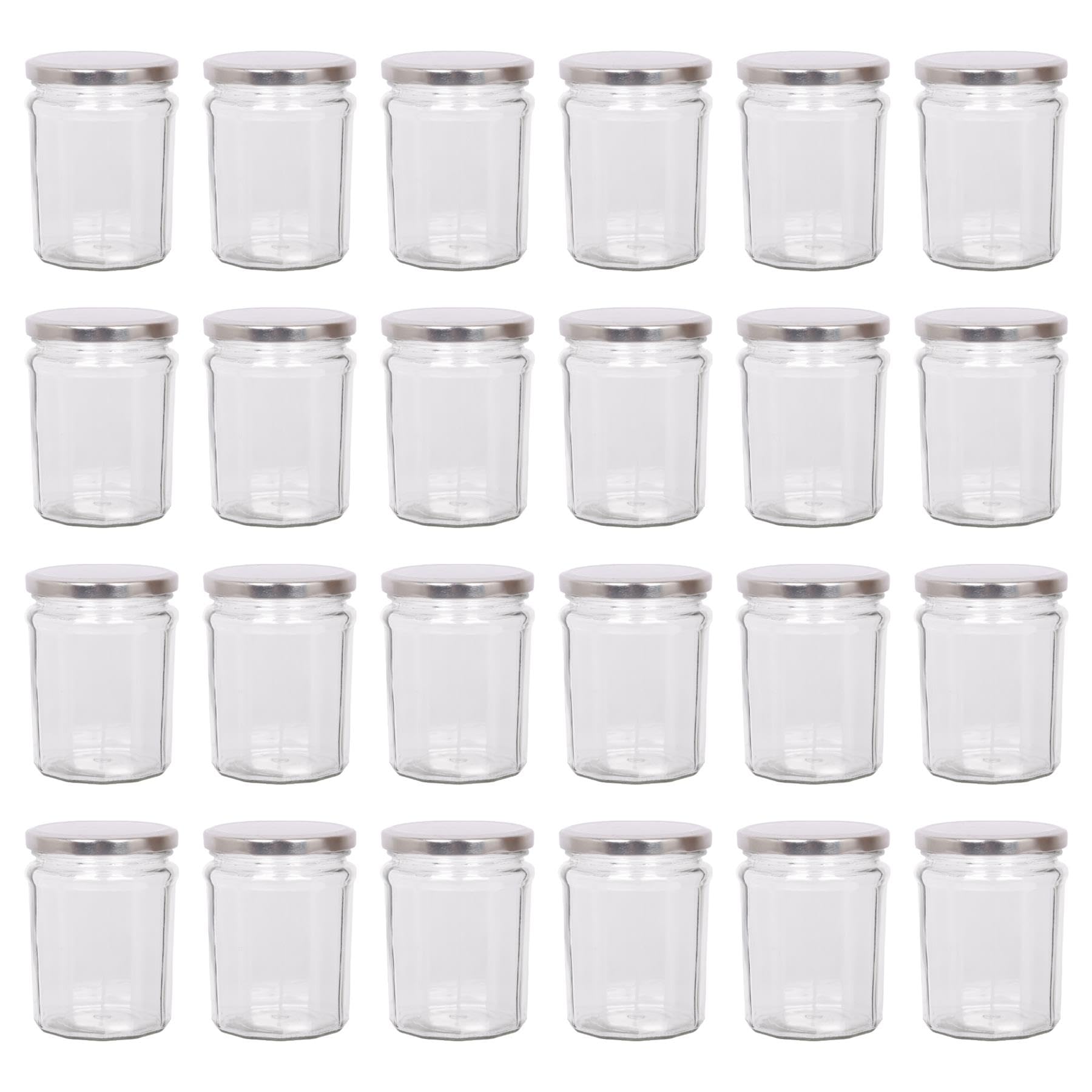 Argon Tableware Silver Lid Glass Jam Jars With Airtight S - 380Ml - Pack Of 24 - Empty Screw Top Kitchen Storage Jar For Food, Honey, Spice, Pickling, Preserving, Candle Making