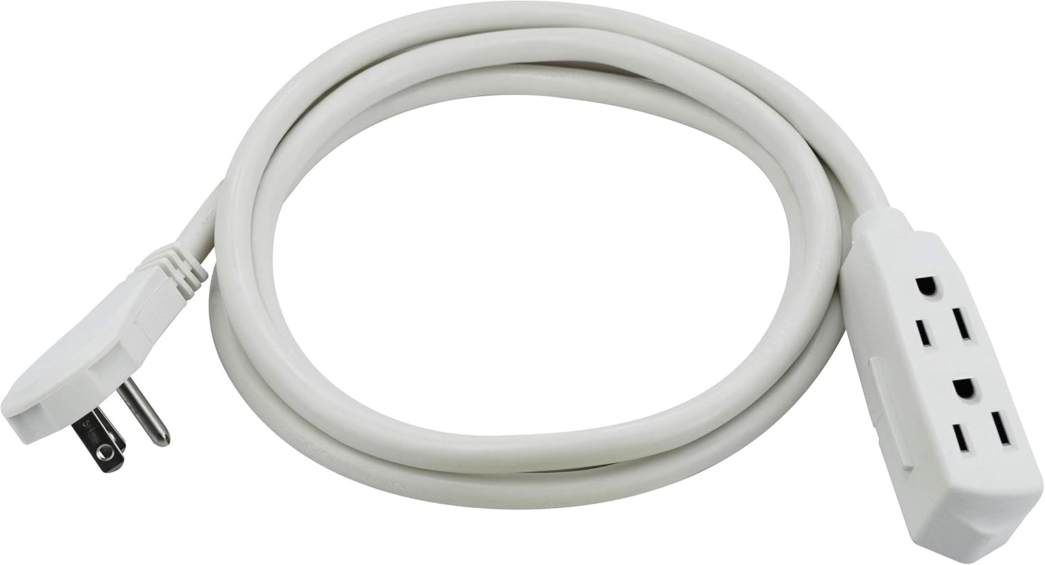 Clear Power 6 ft 14/3 SJT 3 Outlet Heavy Duty Flat Plug Extension Cord for Small Tools, appliances and Office Equipment, White, 3 Prong Grounded Plug, CP10046