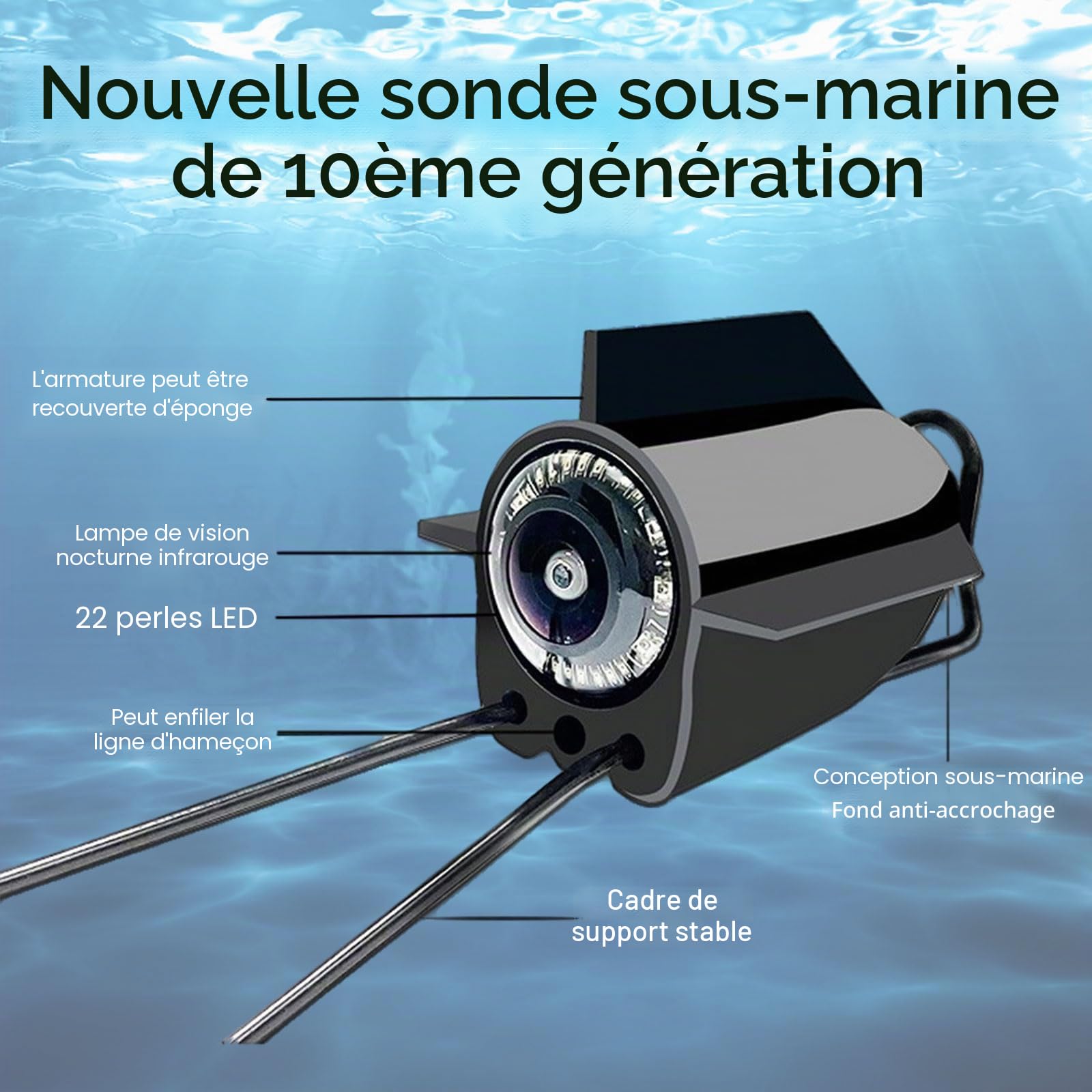 Caméra de pêche sous-marine portable, caméra de détection de poissons, caméra de vision nocturne infrarouge grand angle IP68, étanche IP68, écran IPS de 10,9 cm, câble de 30 m, caméra de recherche de