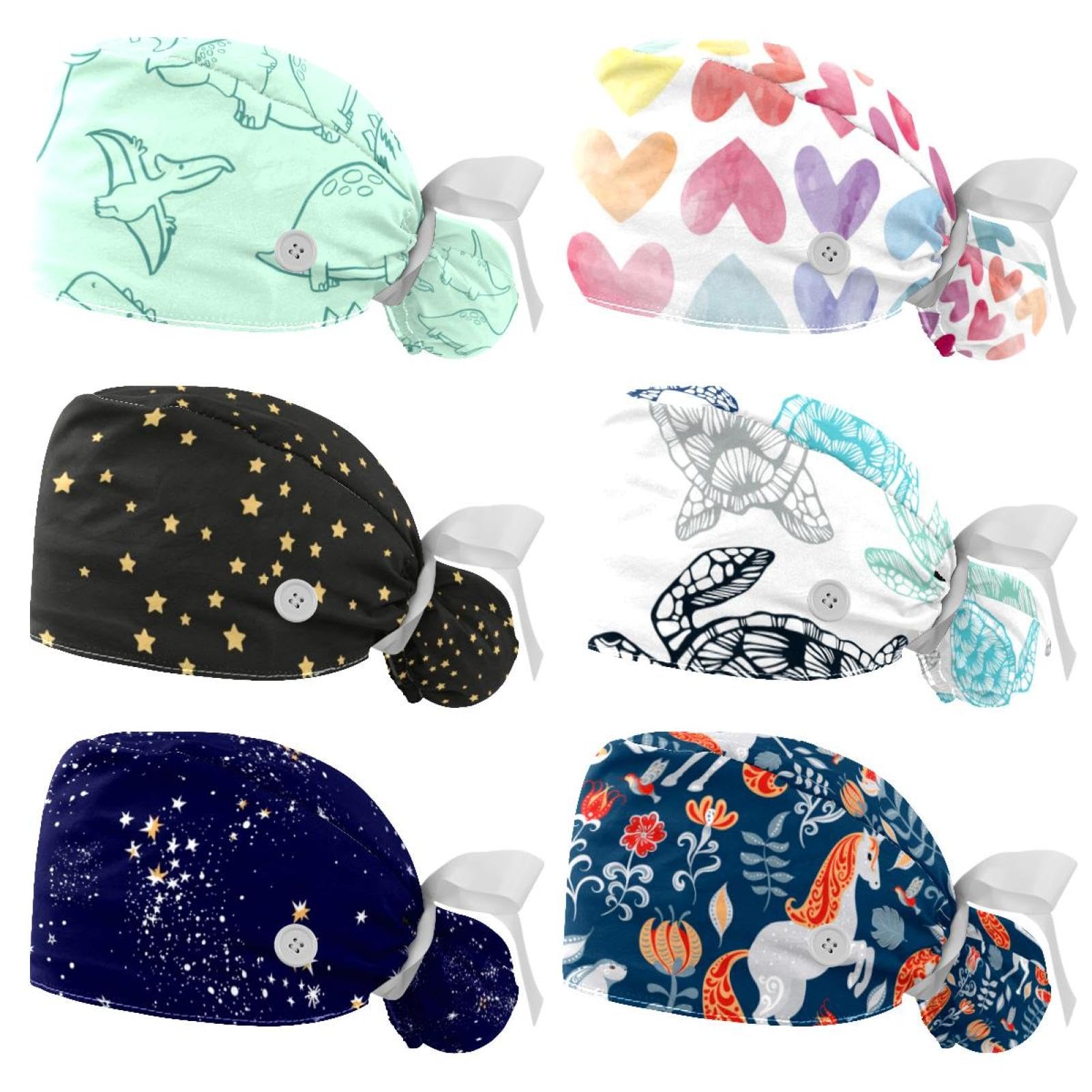 Women's Working Caps Bouffant Surgical Cap with Bow Scrunchies Little Daisy Art Paint Ponytail Holder Tie Back Scrub Hat