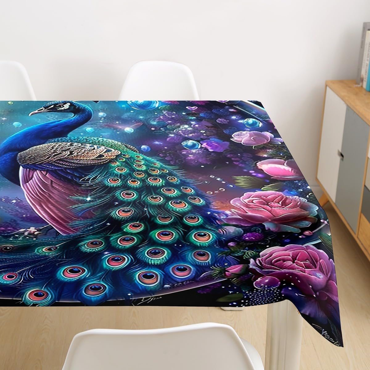 Peacock Print Tablecloth Home Decor Flowers Garden Table Cloth Indoor Outdoor Tablecloth for Spring/Summer/Party/Picnic(55 Round)