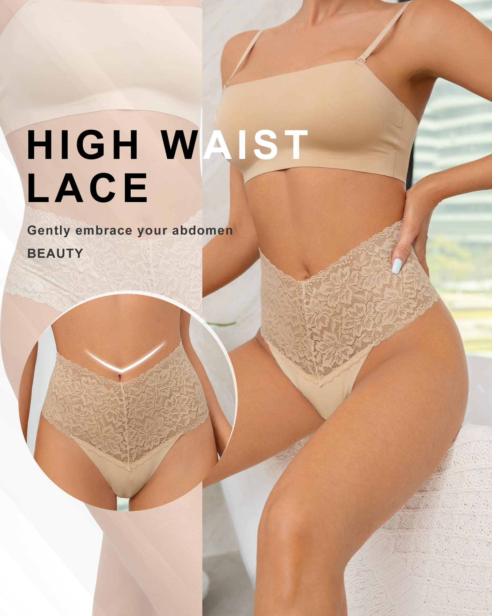 SHARICCA Women Seamless High Waist Underwear Sexy Floral Lace Thong Soft Comfortable Panties Pack: Large 2black 2white 1skin