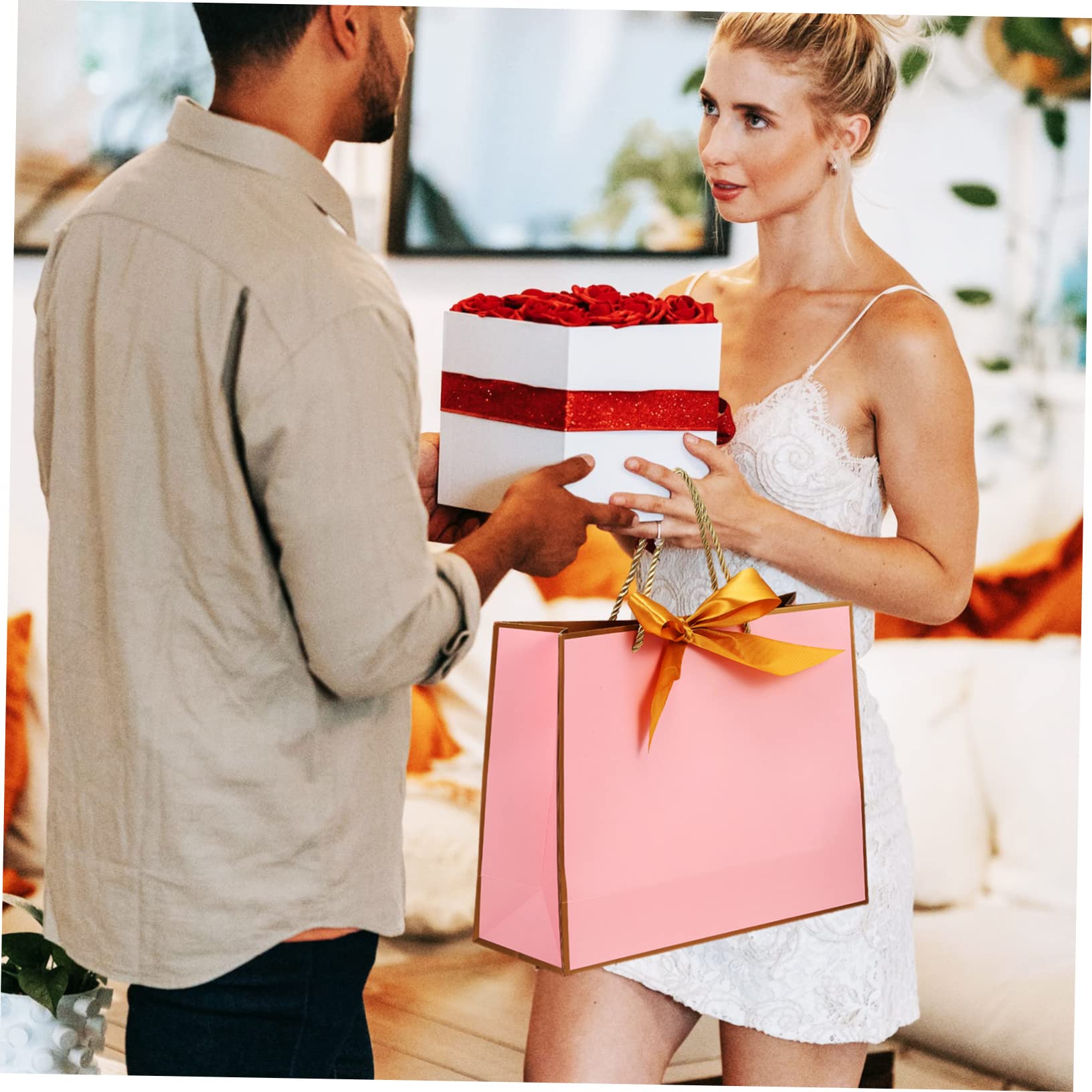 CALLARON 10piezas Bolsas De Obsequio De Papel Lazo De Gran Capacidad Asas Para Regalos De Fiesta Rosa Unidades