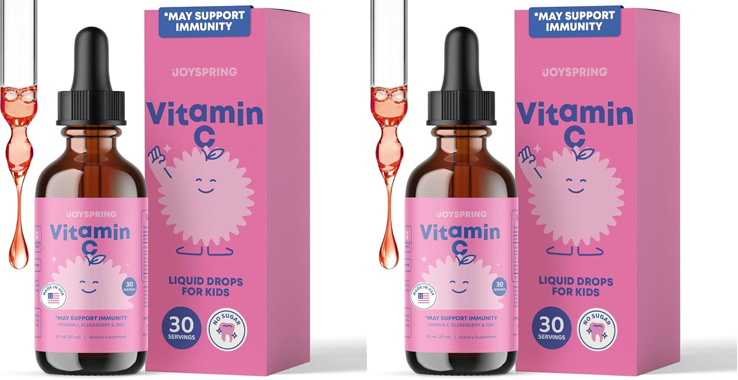JoySpring Vitamin C and Zinc for Kids, Elderberry Liquid Supplement | Alcohol-Free Toddler Vitamin C | 3+ Years | (2 fl oz) 30 Servings (Pack of 2)
