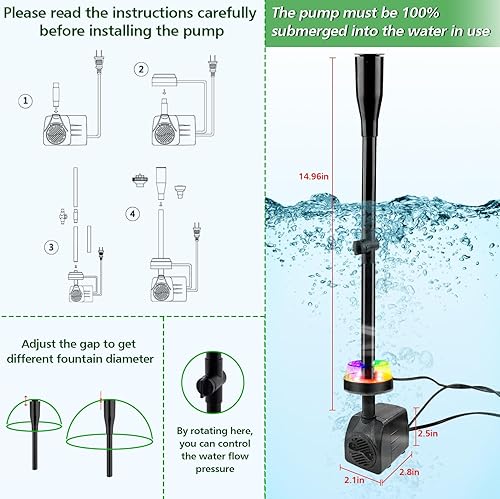 Miniatura 6 de Bomba sumergible de fuente de estanque de 15 W 800LH con luces LED, bomba de agua ultra silenciosa, bombas de fuente de estanque para estanques