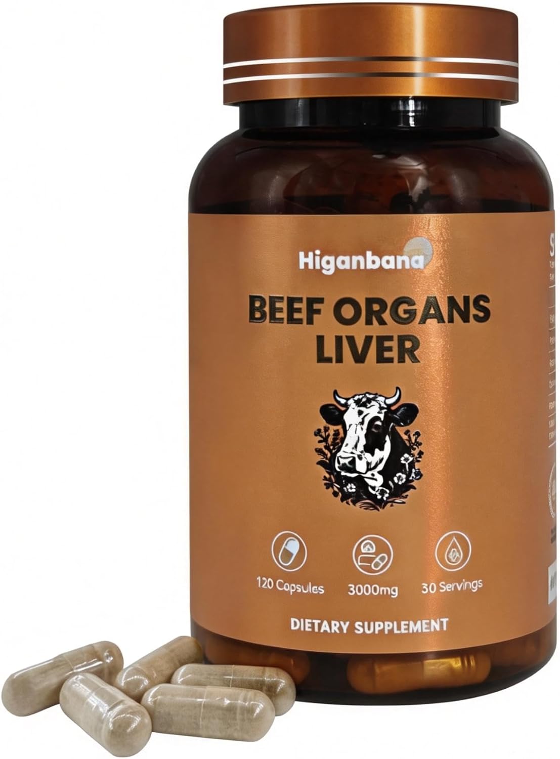 Grass Fed Beef Organ Supplement for Men & Women -120Capsules – 100% Organ Complex with 3000mg of Desiccated Beef Liver, Heart, Kidney, Pancreas, Spleen – Non-GMO & Pasture-Raised Organ Complex