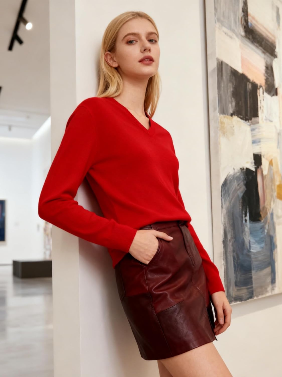 DAIMIDY V Neck Sweater Women's Long Sleeve Tops Trendy Lightweight Knit Soft Casual Pullover Blouse