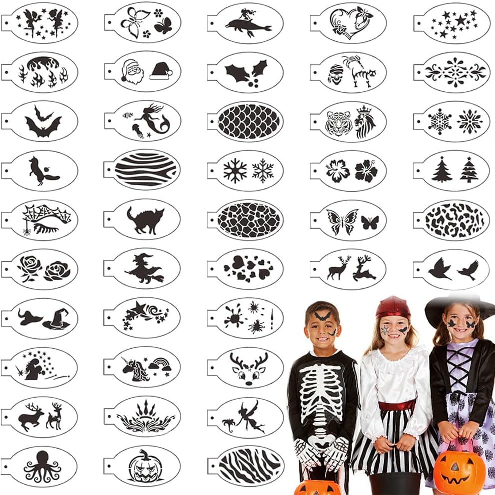 42 Piezas Plantilla de Pinturas Cara para Adulto, Plantillas de Pintura Corporal Plantillas de Pintura Facial Reutilizables Plantillas de Tatuaje para Fiestas de Maquillaje Carnaval