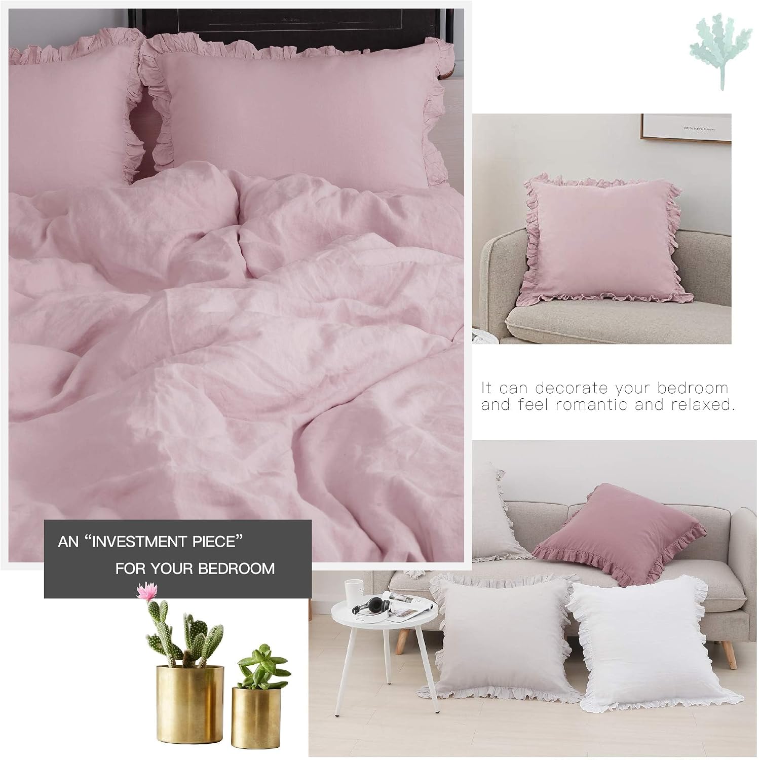Simple&Opulence 100% Linen Euro Sham Covers with Ruffle, 26x26 Inch Pillow Covers Set of 2, Euro Pillow Shams for Bed Couch French Home Decor Luxury and Breathable Square Pillow Cases, Blush Pink image 3