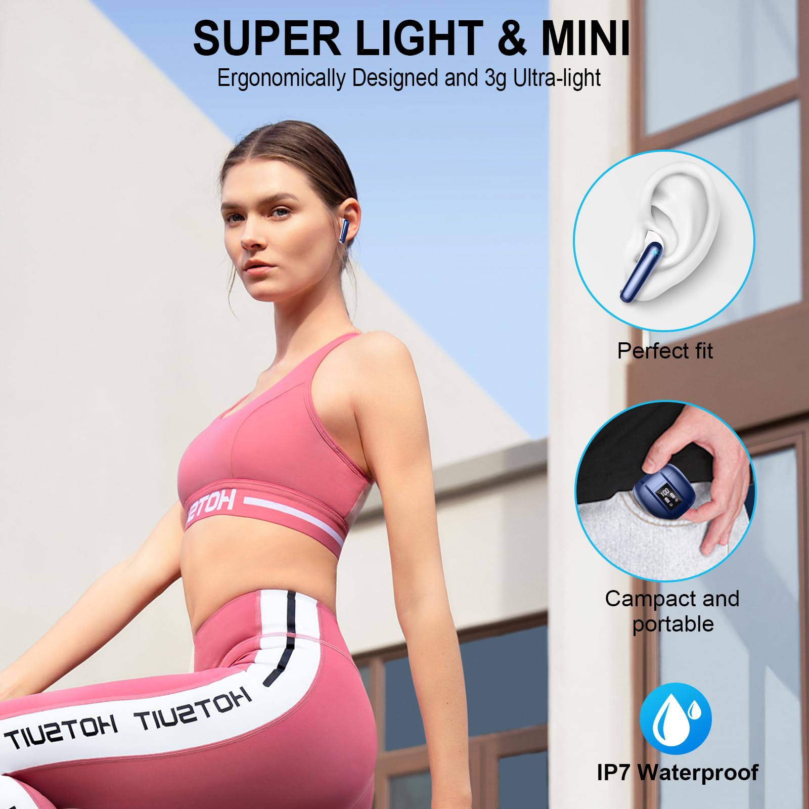 Cuffie Bluetooth, Auricolari Bluetooth 5.3 con 4 HD Mic, 48Ore Stereo HiFi Cuffie Wireless in Ear, 3g Ultra Leggero/IP7 Impermeabili, Cuffiette Bluetooth Senza Fili per Android (Seconda Generazione)