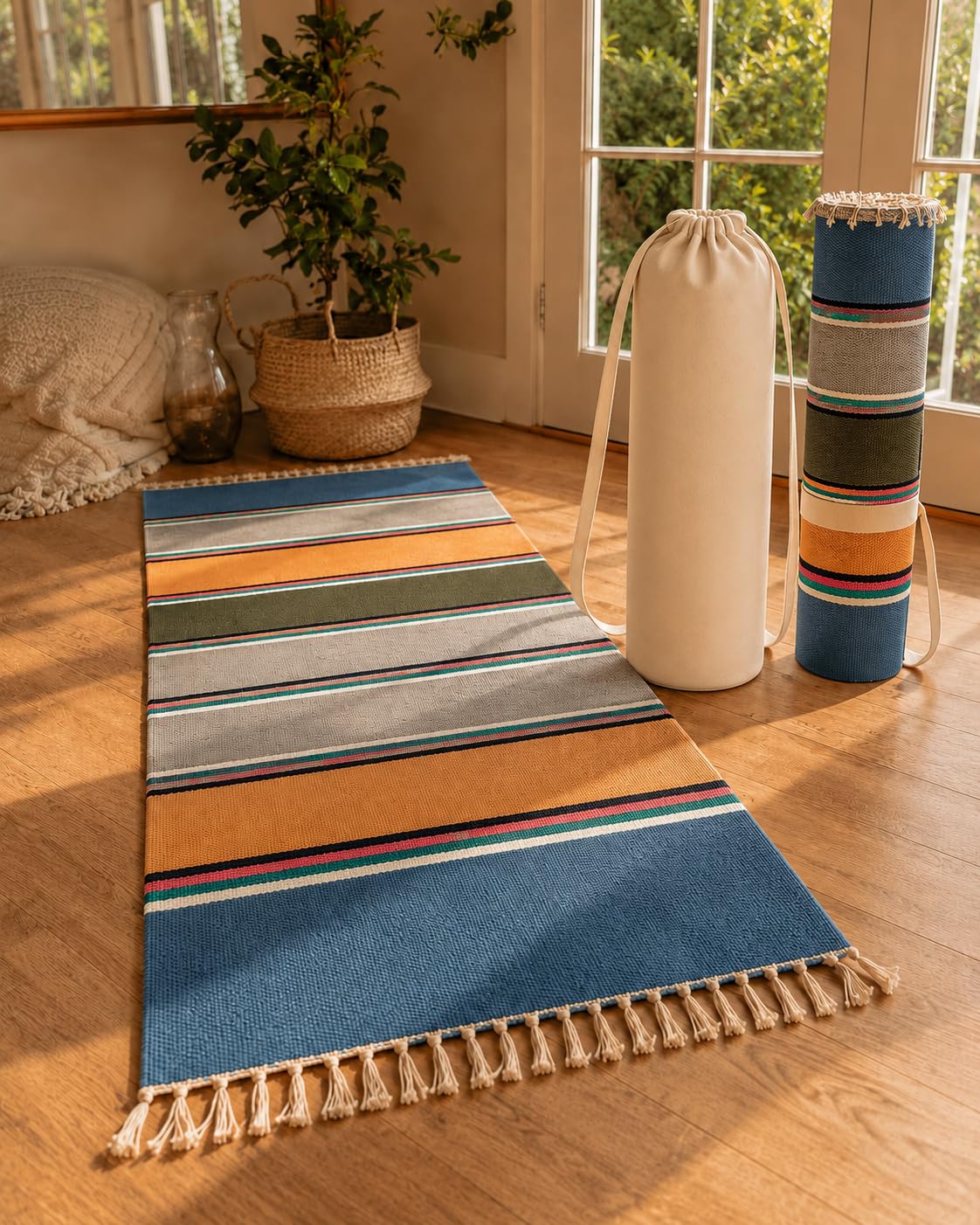 (set of 1) Pure Cotton Yoga Mat, 2 x 6 Feet, 5 mm Thick, Machine Washable, Non-Slip, Lightweight, Foldable, Exercise, Yoga, Pilates, Meditation, Stretching & Fitness, Canvas Carry Bag with pocket, Multicolor-picture-21