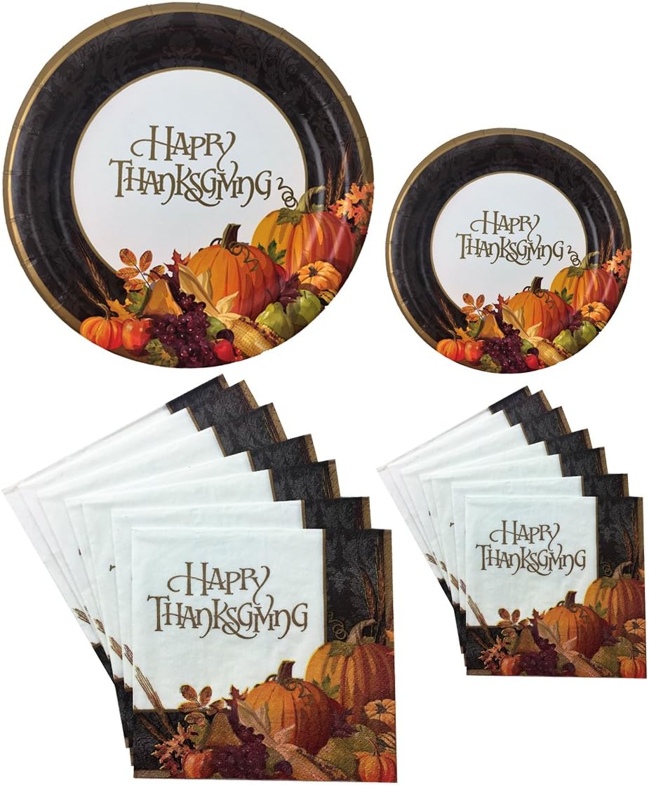 November Harvest Happy Thanksgiving Premium Disposable Dinnerware Set For Your Holiday Party - Dinner Plates, Dessert Plates, Napkins (Serves 16)