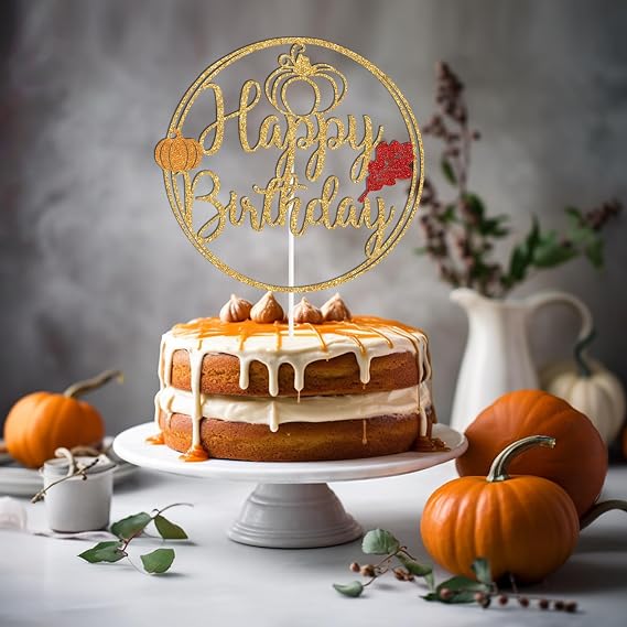 Gold Glitter Pumpkin Happy Birthday Cake Topper, Fall Leaves Pie Autumn Cake Decor, Pumpkin Themed Birthday Party Decorations Supplies