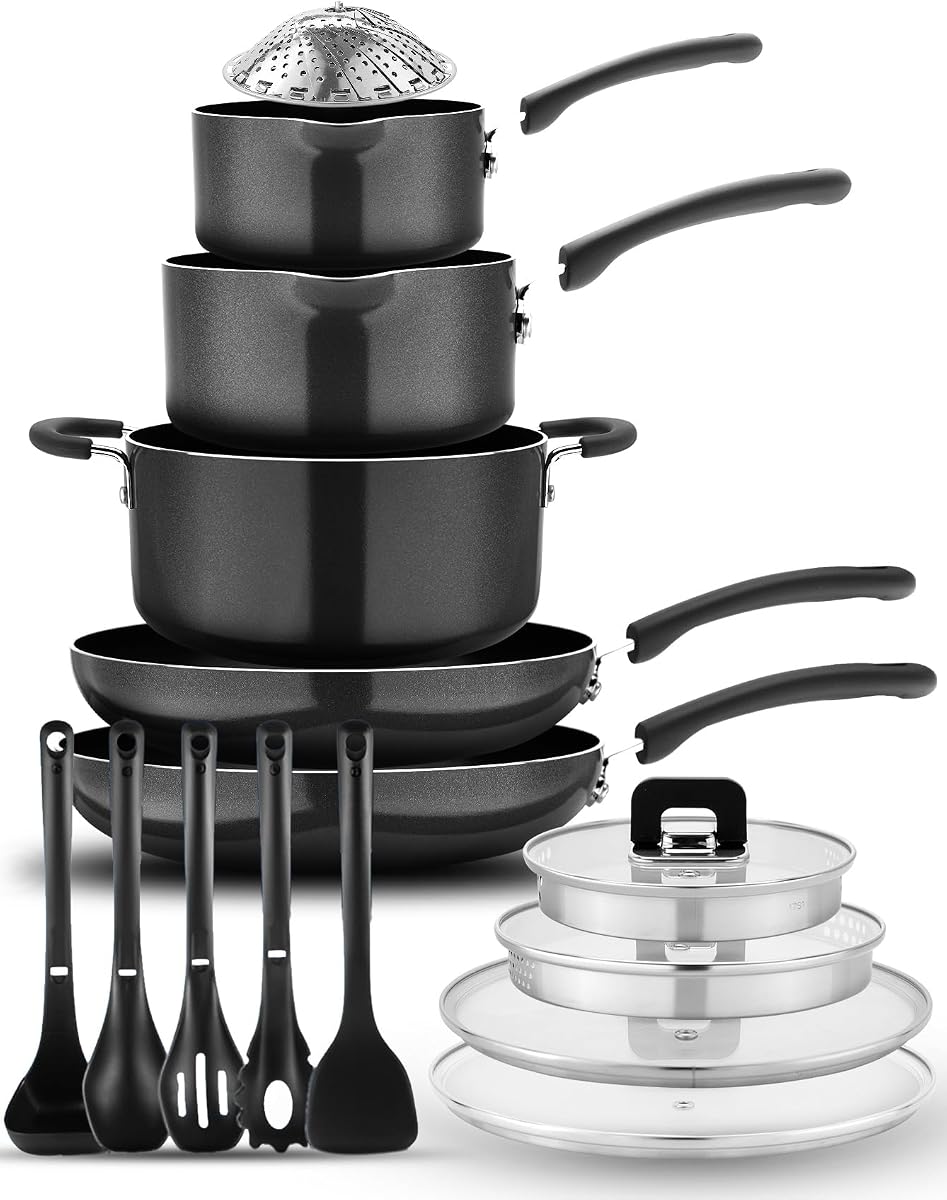 NutriChef 17-Piece Non-Stick Pans & Pots Set – Space-Saving, Induction-Compatible, Foldable Knob, Black Cookware with Heat-Resistant Utensils for Kitchen & RV