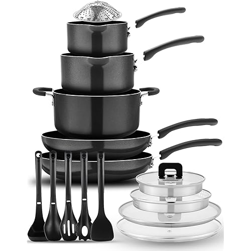 NutriChef 17pcs Stackable Pots and Pan, Stainless Steel Set Nonstick, Induction Cookware with Foldable Knob, Space Saving, Nylon Tools, Black, One Size
