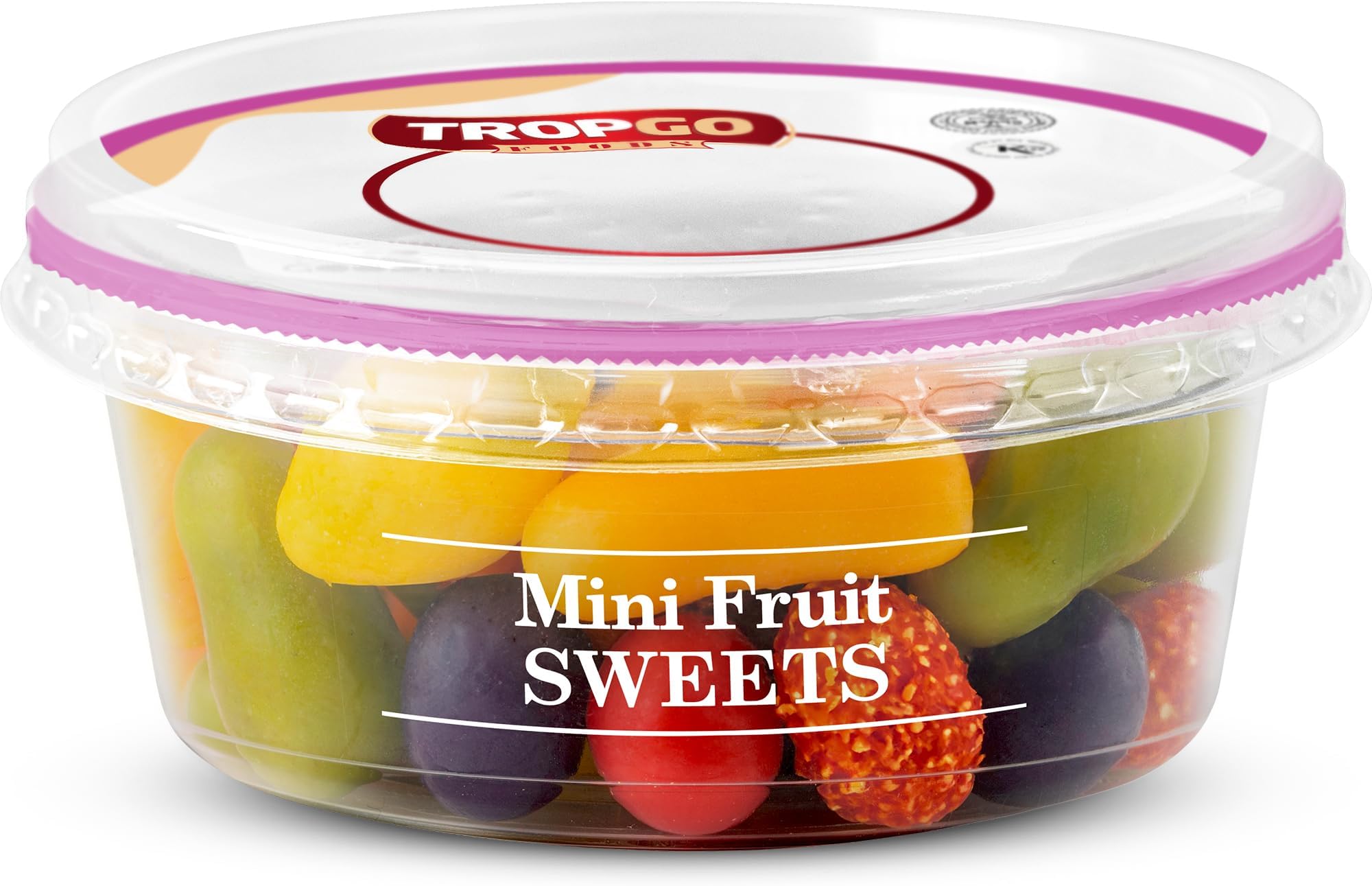 Tropgo Mini Fruits Shape Sweets - Assorted Mini Fruit Candies in a Resealable and Recyclable Tub - Candied Fruit Snack - Mixed Fruit Chewies Made for all Occasions and all Ages - (200G)