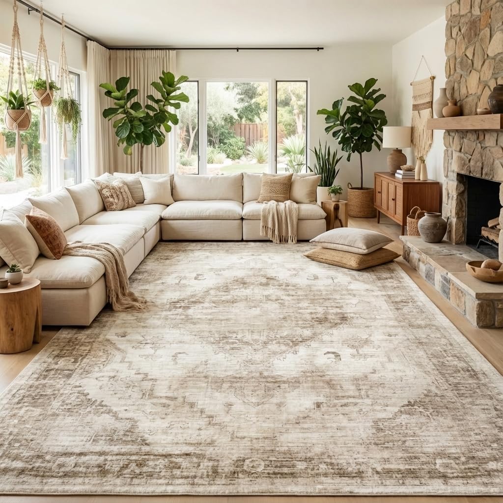 Garvee Beige Boho 8x10 Area Rugs for Living Room Bedroom | Large Ivory Cream Dinning Room Office Washable Rug Vintage Rugs Soft Low-Pile Non-Slip Stain Resistant TPE Backing
