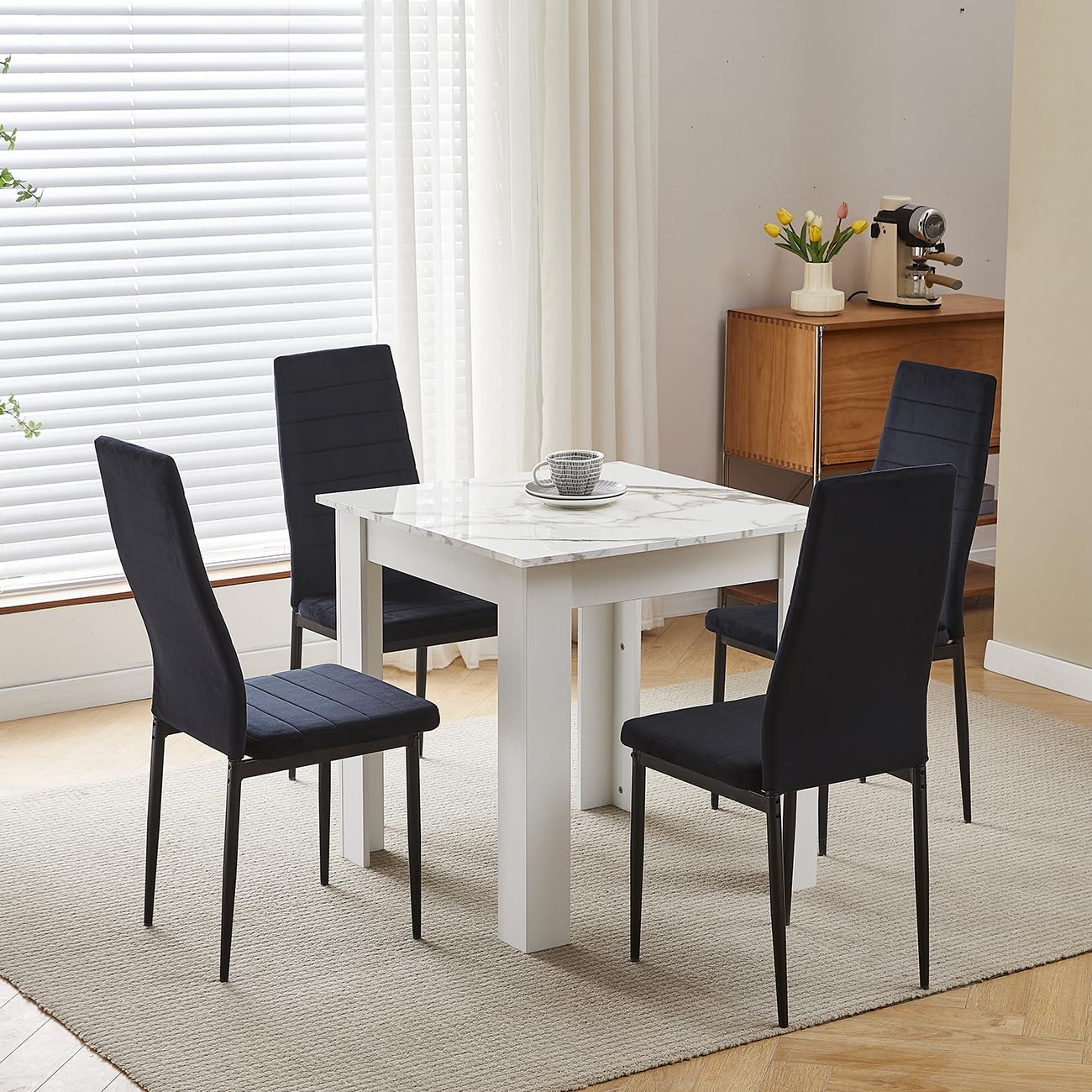 Homullel 75x75 cm Small Dining Table and 4 Chairs, 4 Seater Table and Chairs Set Kitchen Dining Room Set for 4, Compact, Space Saving, Wooden, Glossing Tabletop Marble-White (4 Seats, Flannel Black) — image 1