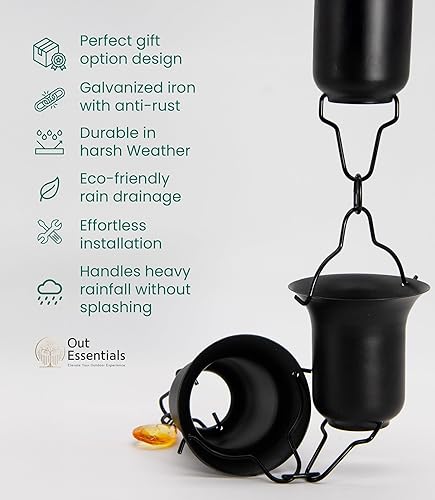 Miniatura 8 de OUT ESSENTIALS - Cadena de lluvia negra de 11 pies con estaca de anclaje y adaptador de canalón, cadenas de lluvia para canaletas para lluvia