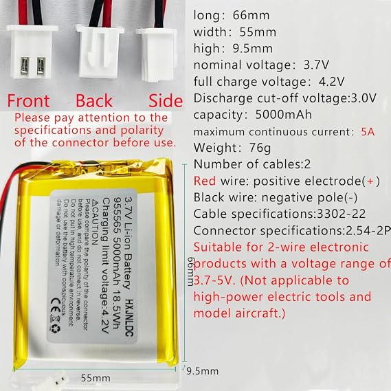 DC 3.7V 5000mAh 955565 li-ion Lithium Ion Polymer Battery Replacement for DIY 3.7-5V Electronic Products with Built-in 2-Wire Battery Replacement, Mobile Energy Storage Power Supply