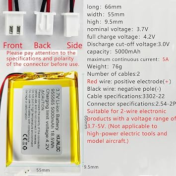 DC 3.7V 5000mAh 955565 li-ion Lithium Ion Polymer Battery Replacement for DIY 3.7-5V Electronic Products with Built-in 2-Wire Battery Replacement, Mobile Energy Storage Power Supply