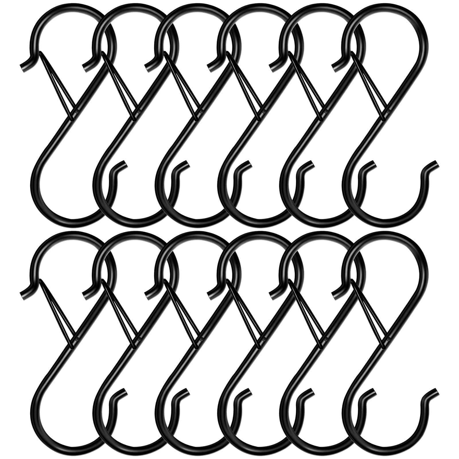 Photo 1 of Mzekgxm 12 Pack S Hooks for Hanging, 3.5 inch Safety Buckle Design Heavy Duty Metal Black S Hooks for Hanging Plants, Pots, Pans, Cups, Clothes, Towels, Bags in Kitchen, Bathroom, Closet, Garden