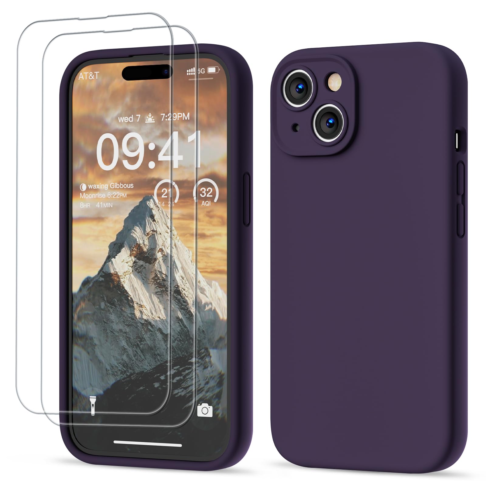 GOODVISH 3 in 1 Silicone Cover per iPhone 15 6.1" (2023), Custodia con 2 Pellicola Protettiva, Case per Cellulare Ultra Sottile Antiurto Resistente [Protezione Fotocamera], Viola Scuro