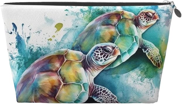 Leather Makeup Bag Travel Toiletry Bag Two turtles watercolor splash Cosmetic Bag Zipper Large Pencil Bag for Women Men