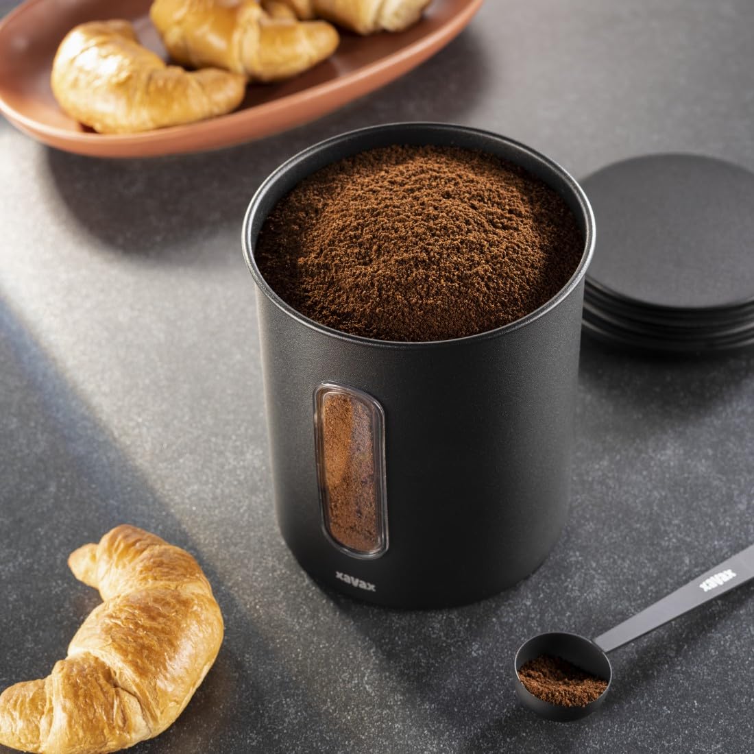 Xavax Pojemnik na kawę/herbatę ze stali 500 g (puszka do przechowywania, do kawy, do herbaty, z pokrywką, metalowa) czarny