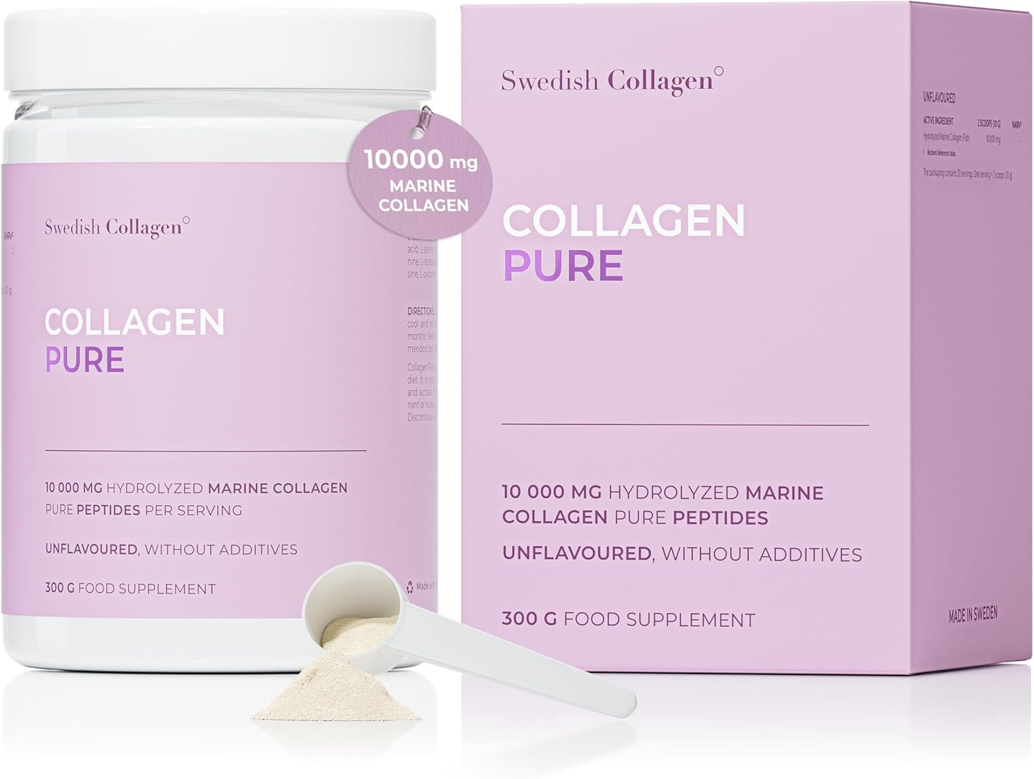 Swedish Collagen - Hydrolyzed Marine Collagen 10,000 mg Powder Supplement - Pack of 300 g, 30 Day Supply | Pure Peptide for Healthy Hair, Skin, Nails & Joints I 100% Natural & Gluten Free | Sugar-Free
