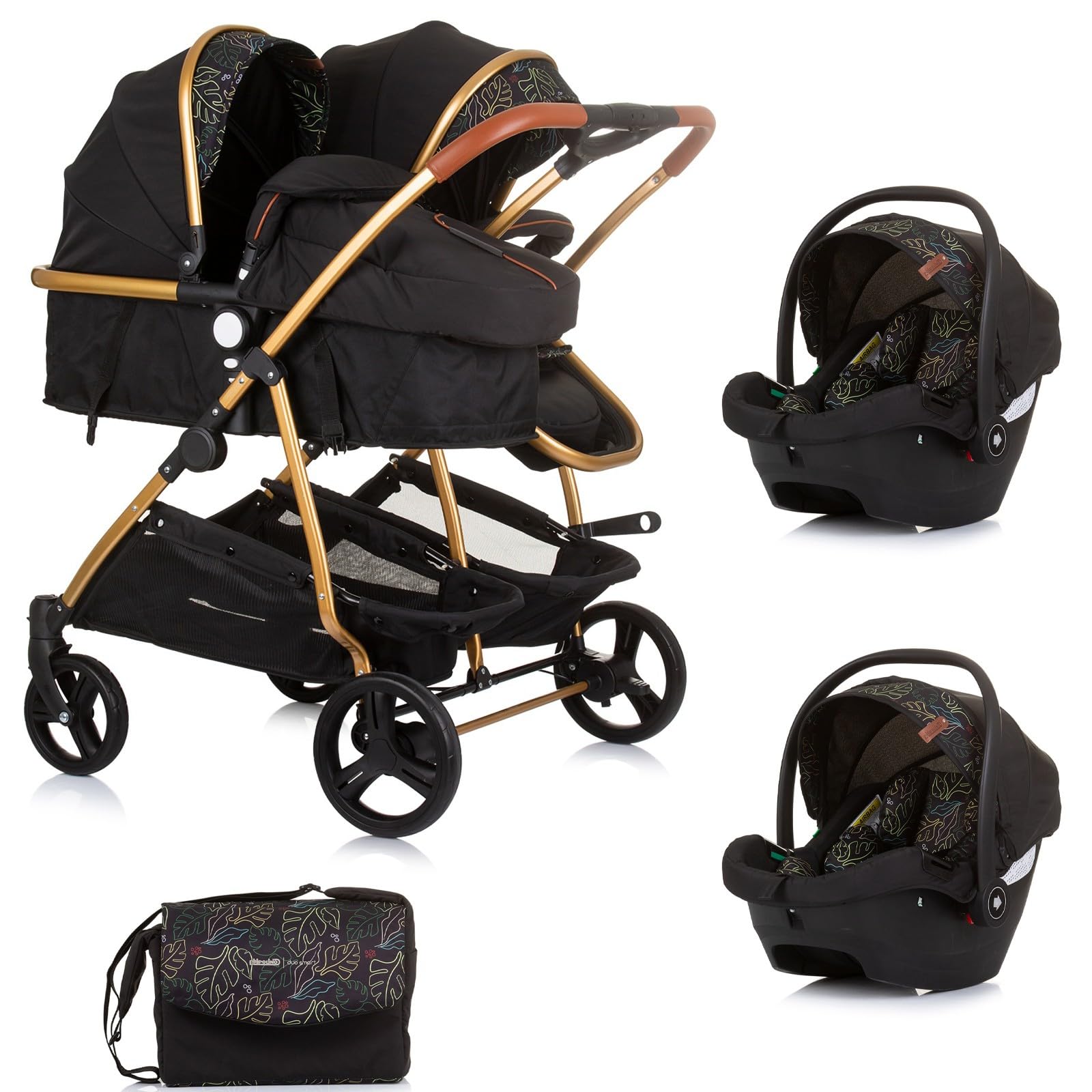 DUO SMART Poussette jumeaux ou enfants rapprochés largeur 79 cm Noir/Feuilles + 2 cosy noir/feuilles