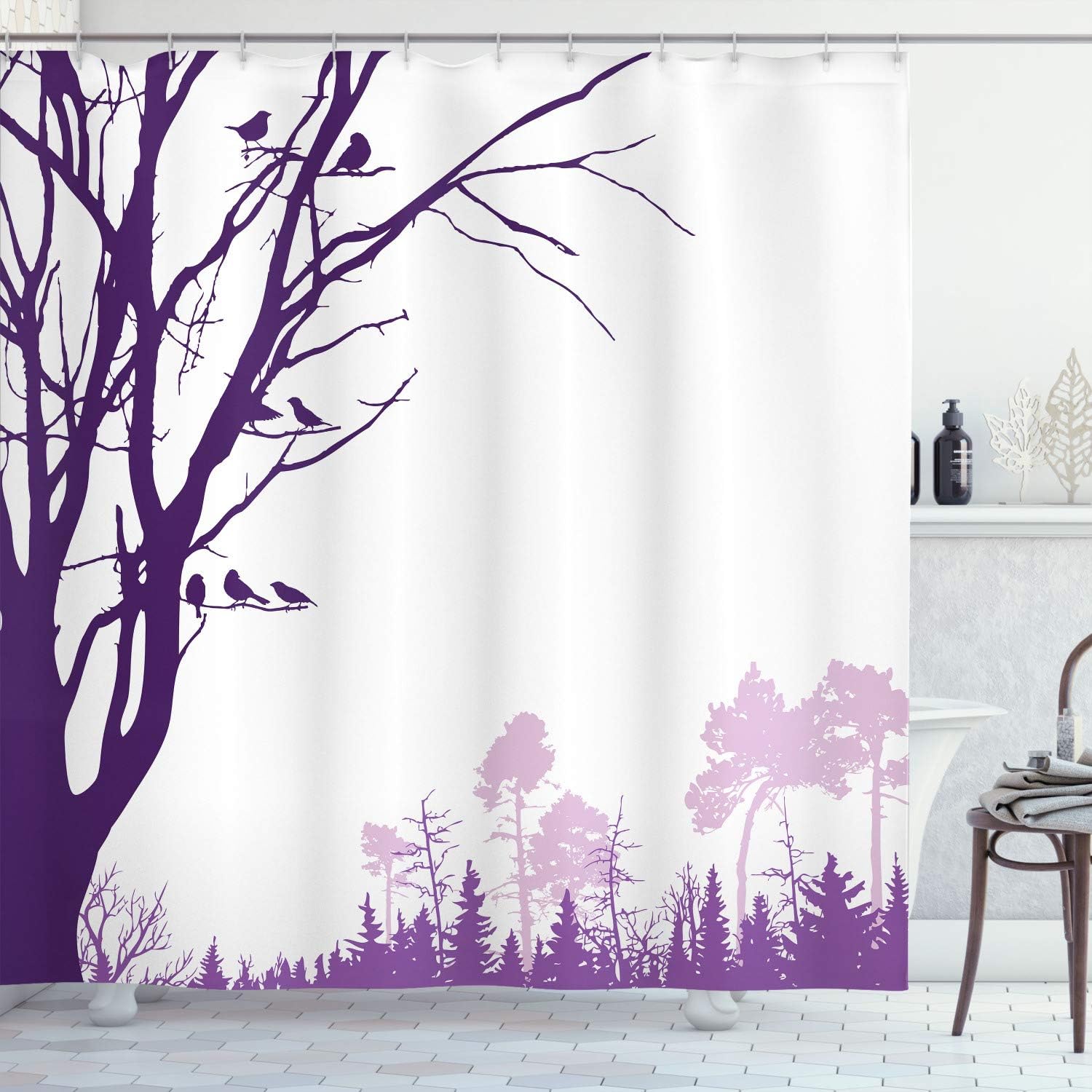 Ambesonne Forest Shower Curtain, Nature Theme The Panorama of a Forest Pattern Birds on Tree Branches Print, Cloth Fabric Bathroom Decor Set with Hooks, 70" Long, Dark Purple