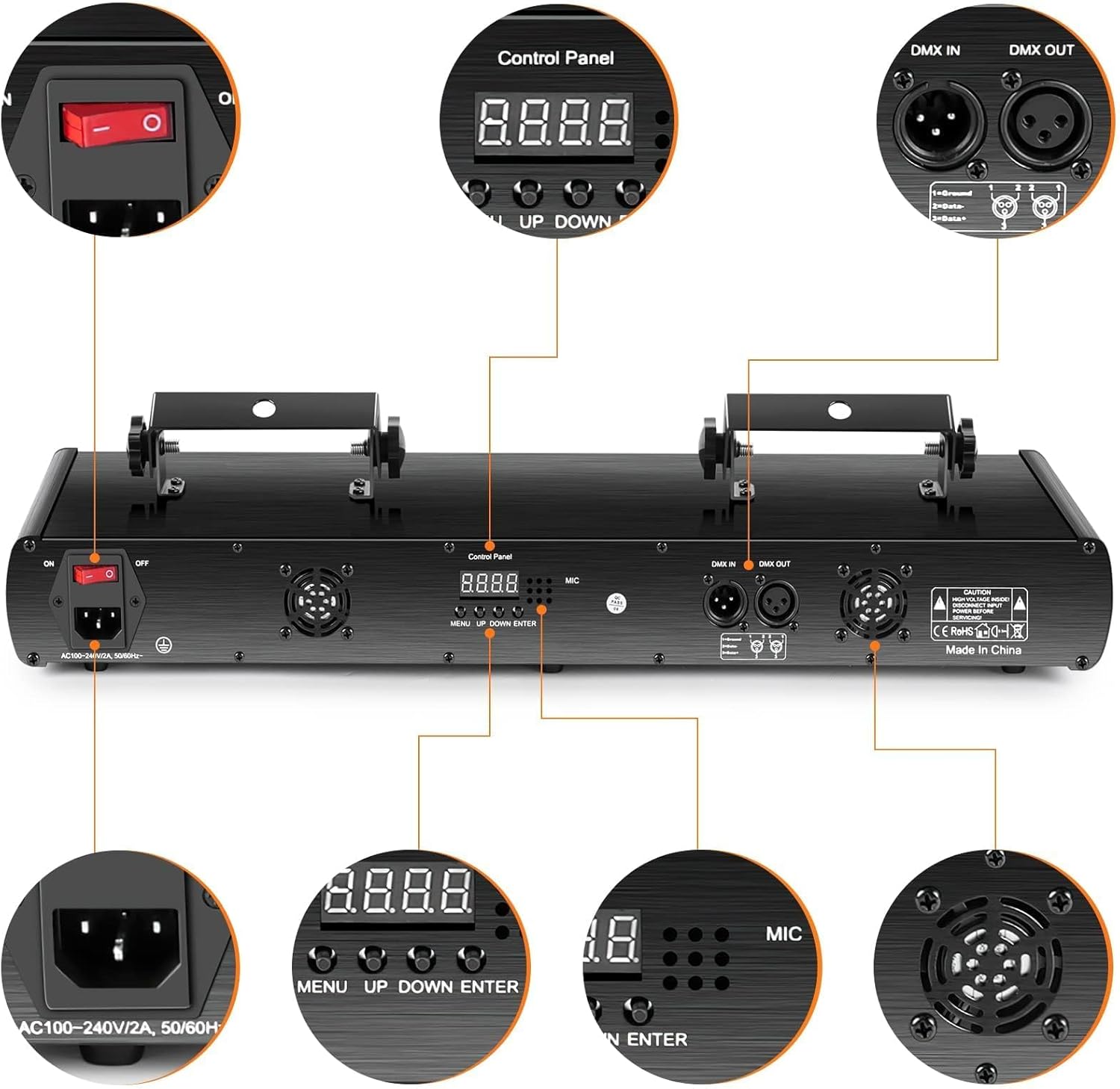 Rear view of the U`King 5 Beam Effect DJ Laser Light, detailing the control panel with a digital display and buttons (MENU, UP, DOWN, ENTER), power switch, AC input, DMX IN/OUT ports, and cooling fan.