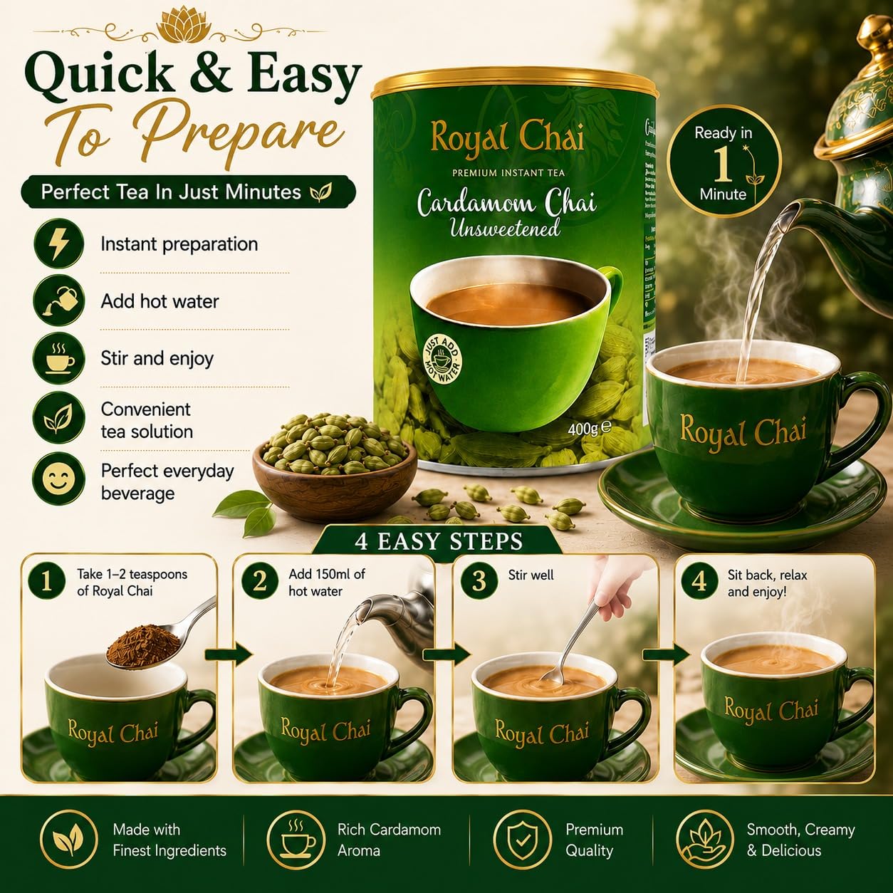 Royal Chai Elaichi ungesüßte Dose 400g (6 Stück) - Premium Instanttee - Kardamom Tee - Natürlich - Sofortkardamom Indianer Tee