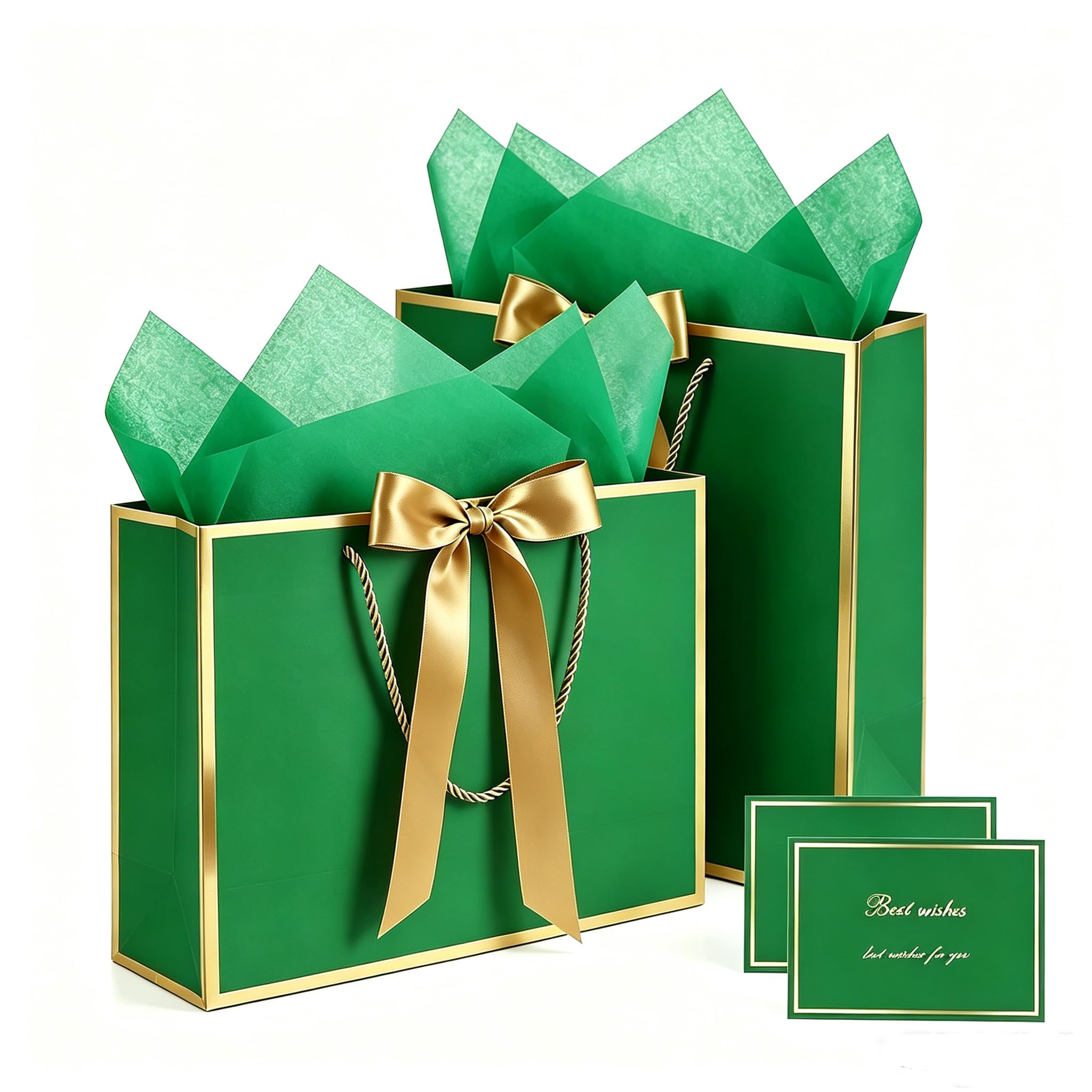 2PCS Gift Bags Set, 12.6×10×4 Inches Large Gift Wrap Bags with Handles 4 Tissue Paper 2 Ribbon 2 Greeting Cards, Cute Present Bag for Wedding Birthday Engagement Party Favor (Green and Gold)