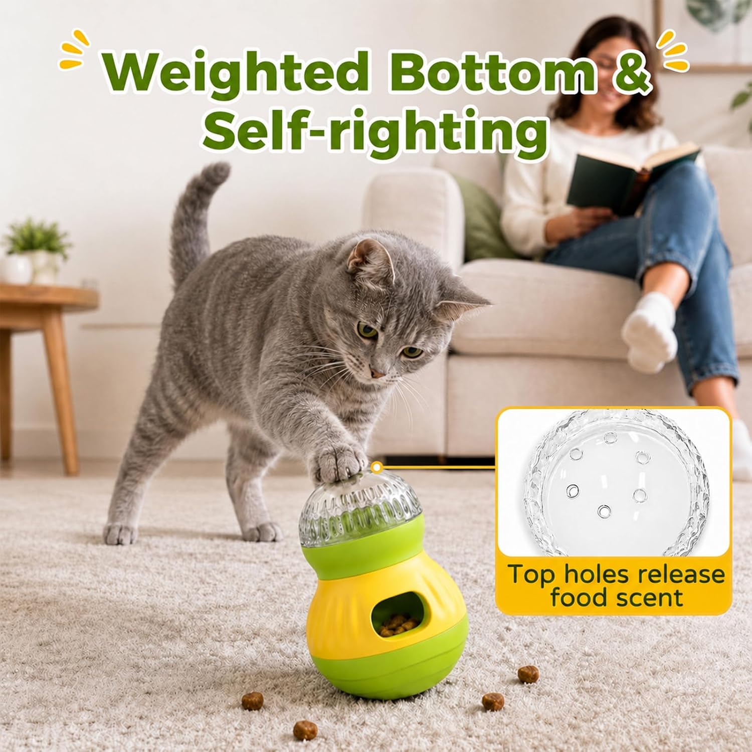 Interactive Cat Wobble Toy Treat Dispenser – Cat Puzzle Feeder & Slow Feeder Ball for Indoor Cats, Small Dog Enrichment Toy for Puppies (Green) image 2