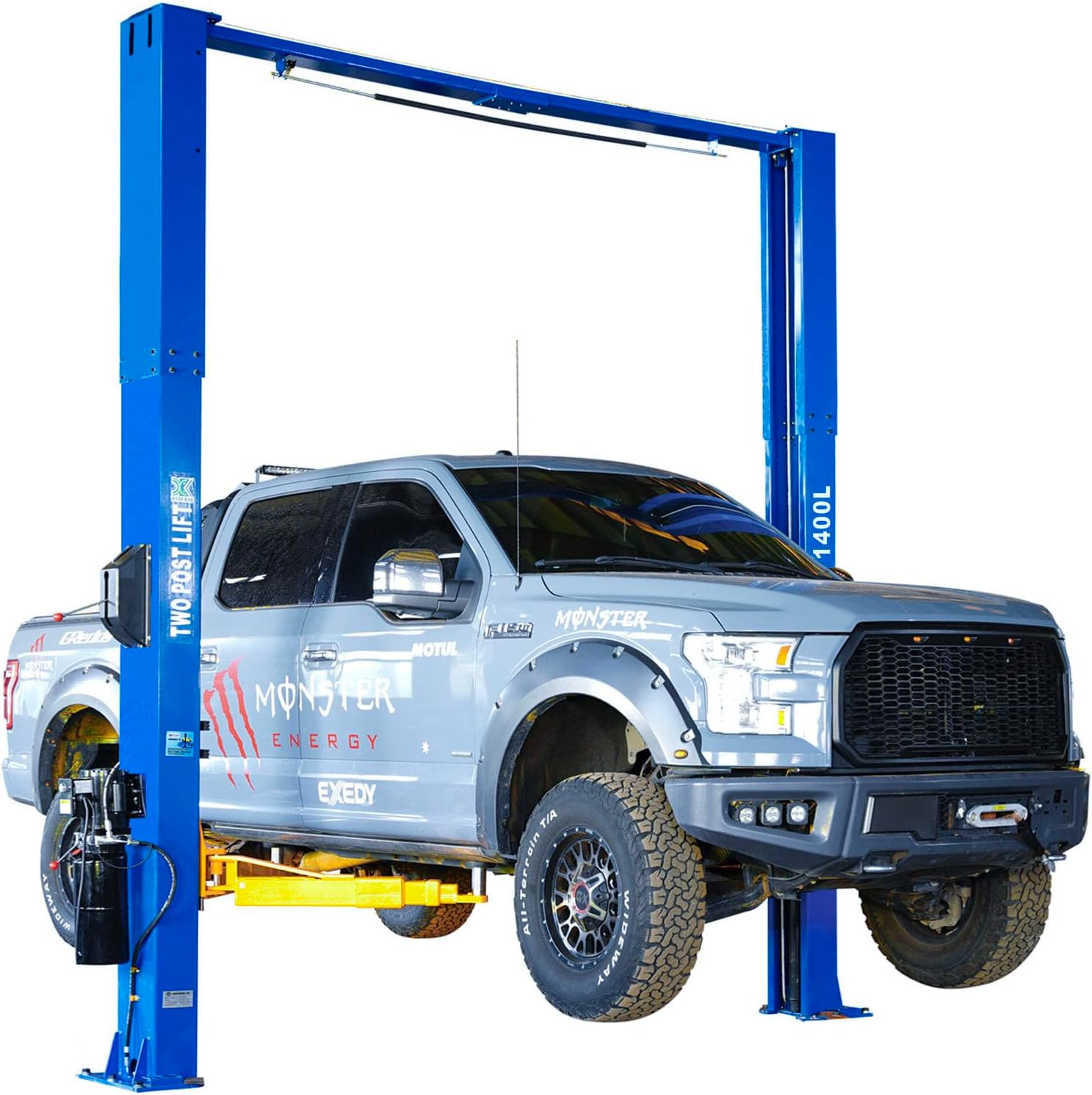 XK-1400L Truck Hoist with a gray pickup truck partially lifted.