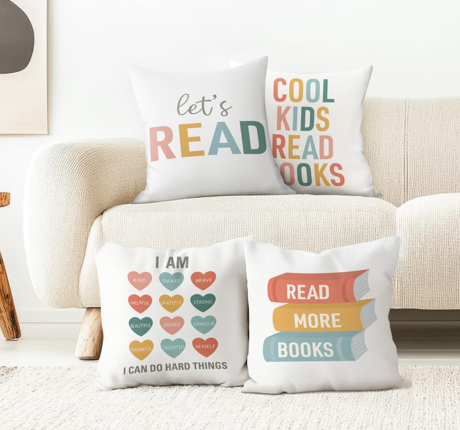 Reading Corner Decorative Pillow Covers,Let's Read Throw Pillow Covers Decor for Library Nursery Classroom Bedroom Living Room,Readers Book Lovers Gifts,18x18 Inch Pillowcase Set of 4 - Image 3