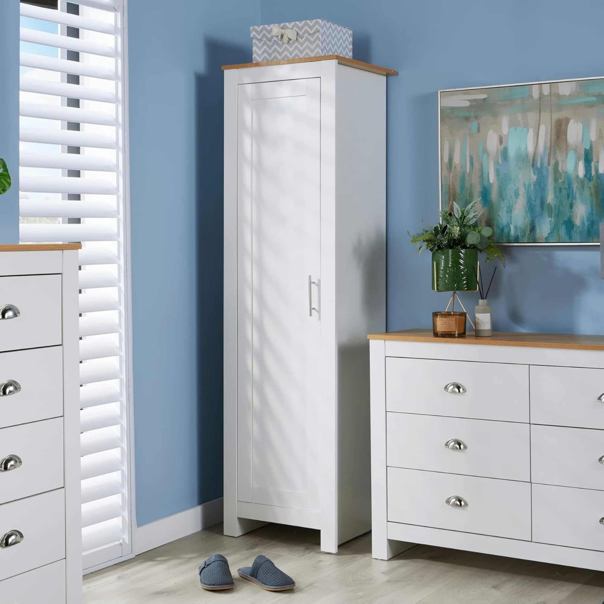 Home Source Bedroom Furniture, 1 Door Slim Wardrobe, Oak Effect Top, White